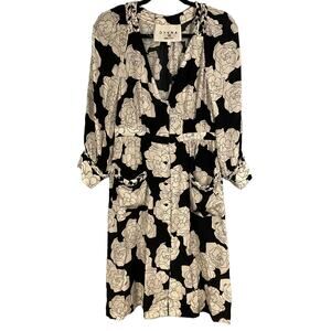 DYVNA Womens White and Black Floral Silk V Neck Button Front A Line Dress Size 4